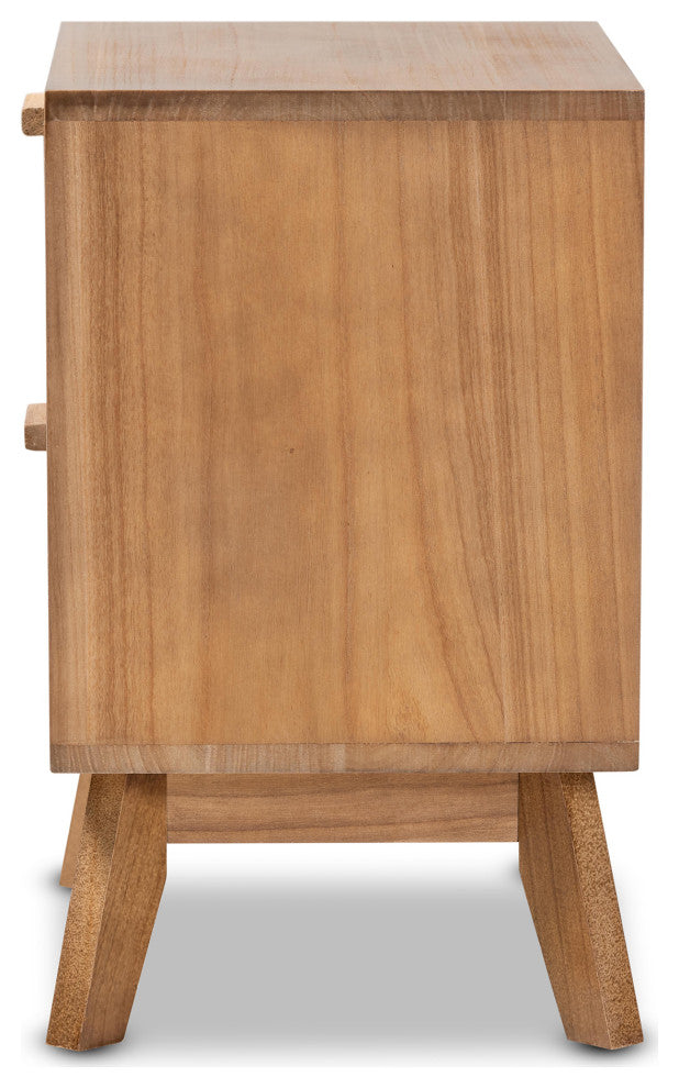 Kathrin Mid-Century Walnut Brown Nightstand With Rattan, 2-Drawer
