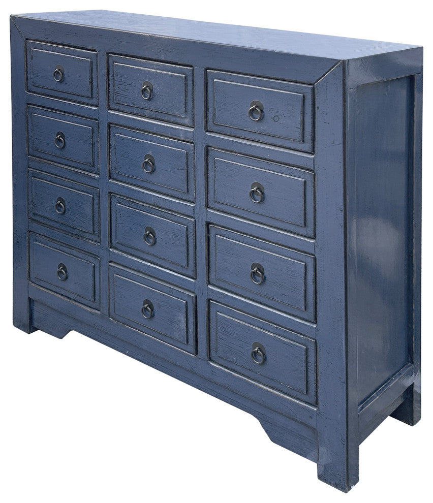 Distressed Deep Blue 12 Drawers Narrow Credenza Sideboard Cabinet