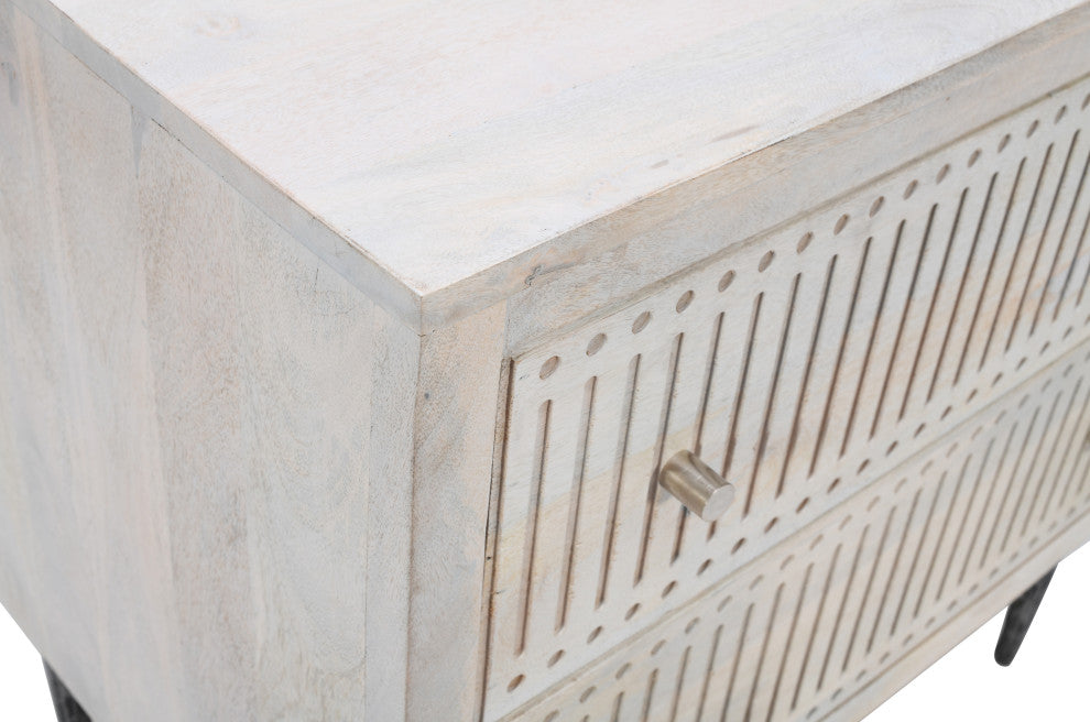 Sarah 2 Drawer Nightstand, Mango Solid Wood Brushed Ivory Finish on Iron Base