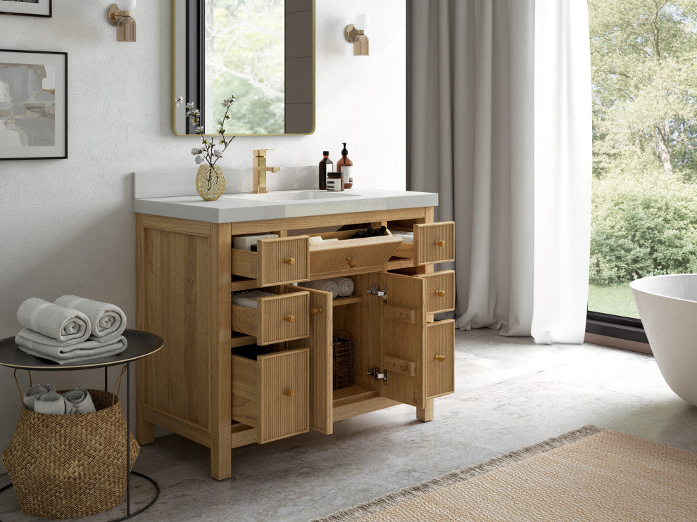 Sonoma 42 Single Sink Bath Vanity in Light Natural Teak with 2" Calacatta Laza