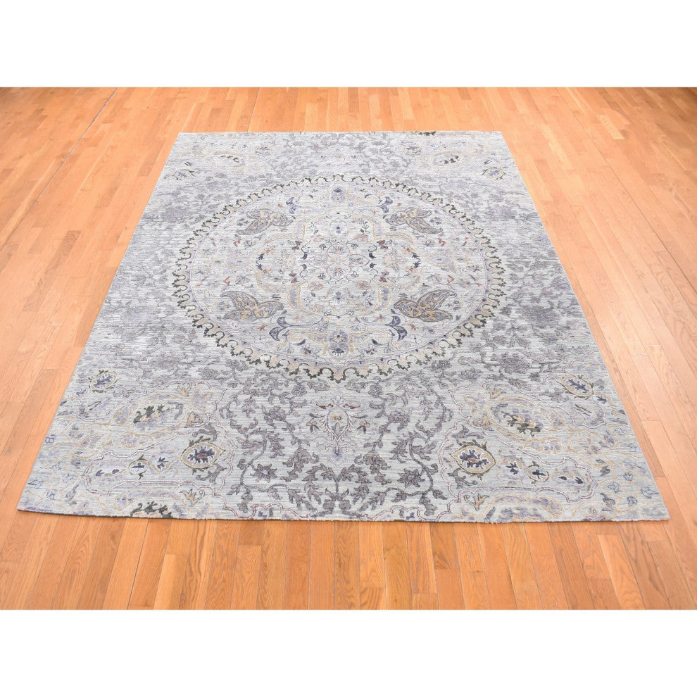Ash Gray The Maharaja Pure Silk With Wool Hand Knotted Oriental Rug 7'9"x10'1"