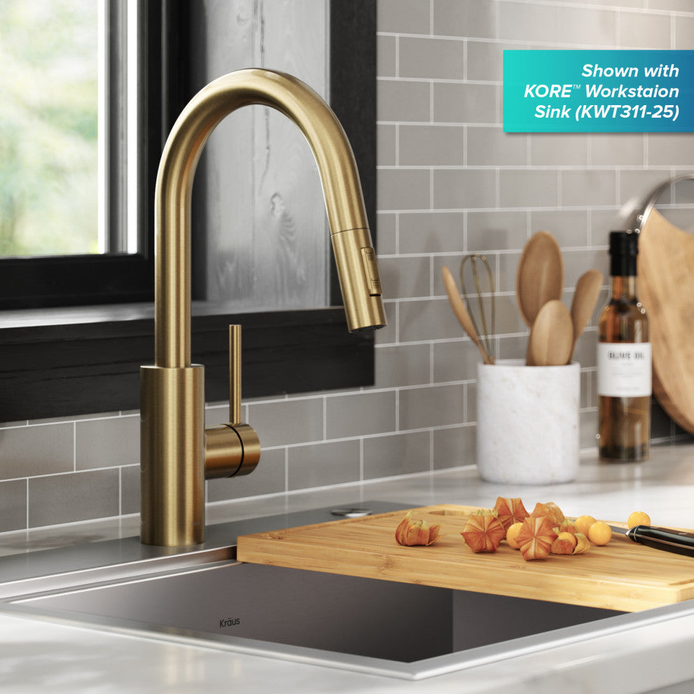 Oletto Pull-Down 1-Hole Kitchen Faucet, Spot Free Antique Champagne Bronze