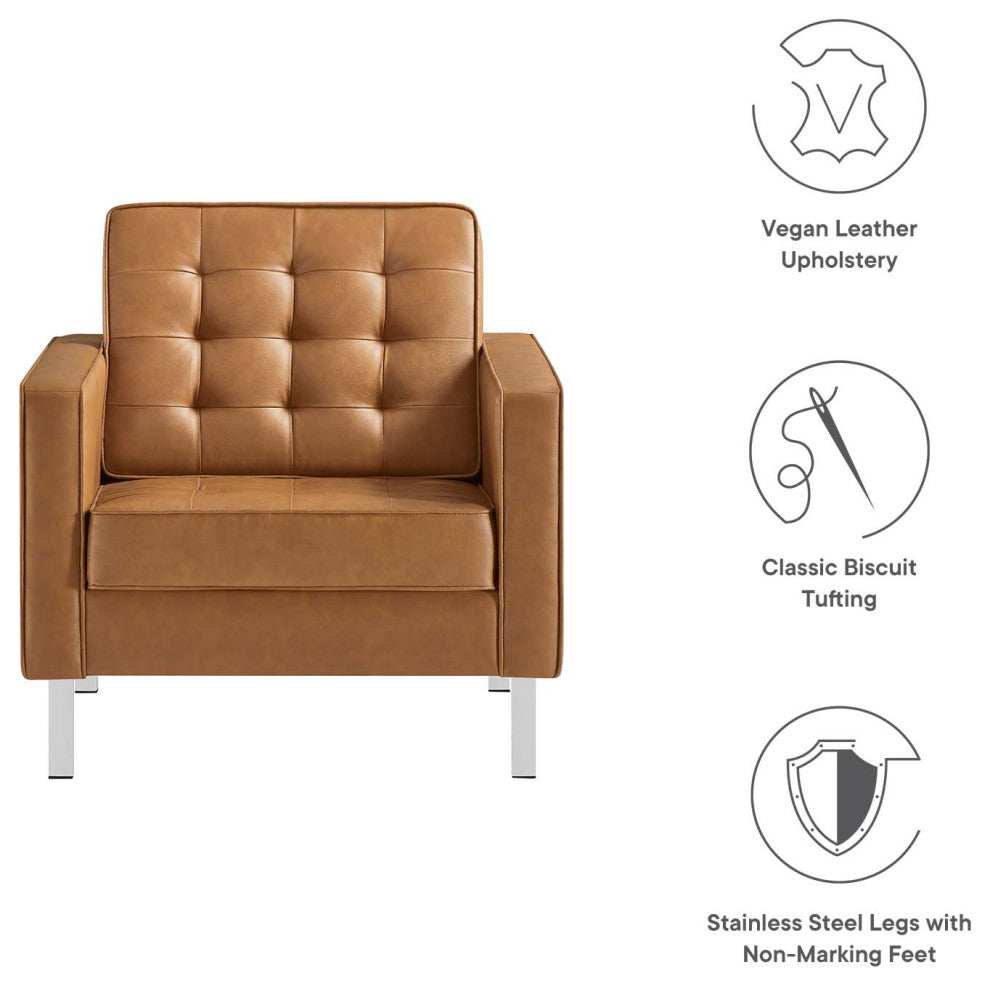 Modern Lounge Accent Side Chair Armchair, Faux Vinyl Leather, Tan Brown