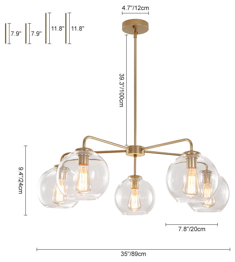 5-Light Glass Bubble Sputnik Light Fixture, Brass