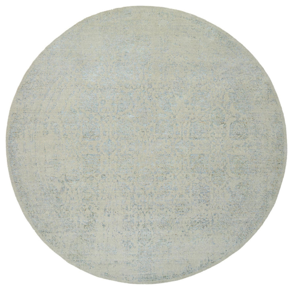 Blue, Tabriz Design, Jacquard Hand Loomed Wool and Silk Round Rug, 12'0"x12'0"