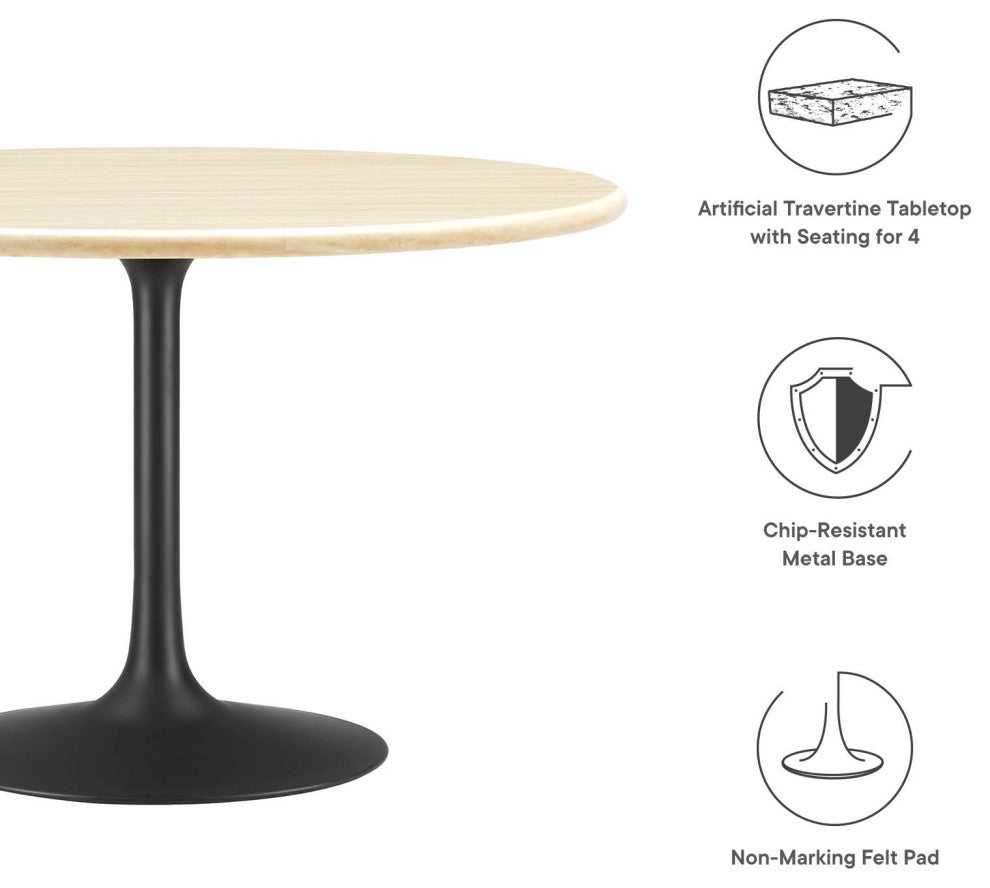 Lippa 48" Round Artificial Travertine Dining Table, Black Travertine