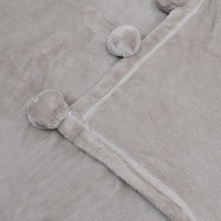 Pom Pom Flannel Fleece Throw Blanket, Light Grey, 60" X 80"