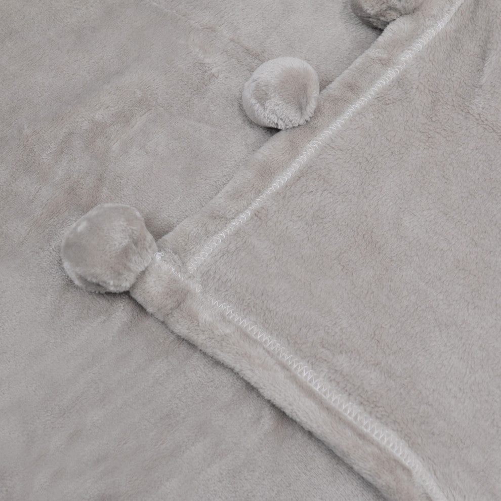 Pom Pom Flannel Fleece Throw Blanket, Light Grey, 60" X 80"