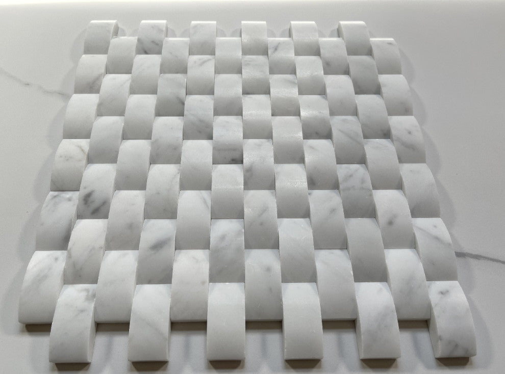 Carrara Marble 3D Cambered 1x2 Arched Mosaic Tile Honed Venato Carrera, 1 sheet