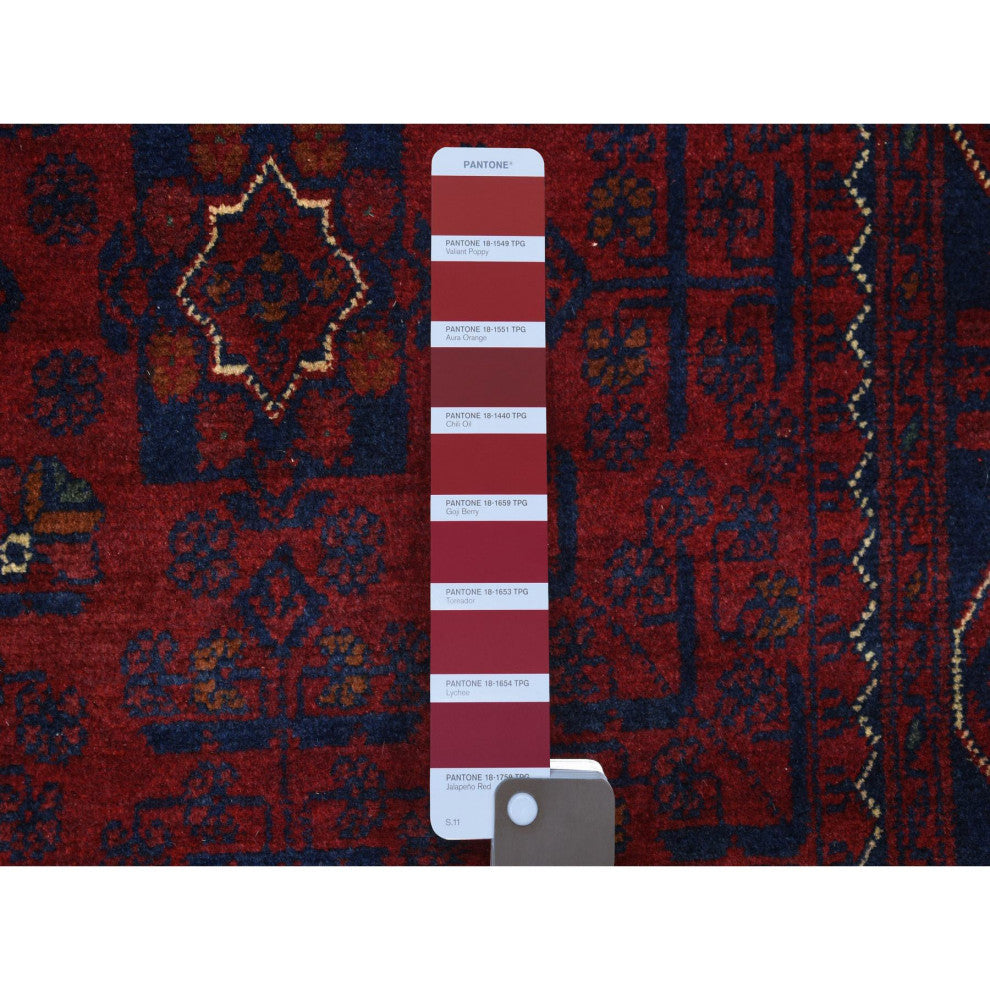 Red Geometric Design Hand Knotted Afghan Khamyab Pure Wool Runner Rug, 2'8"x9'6"