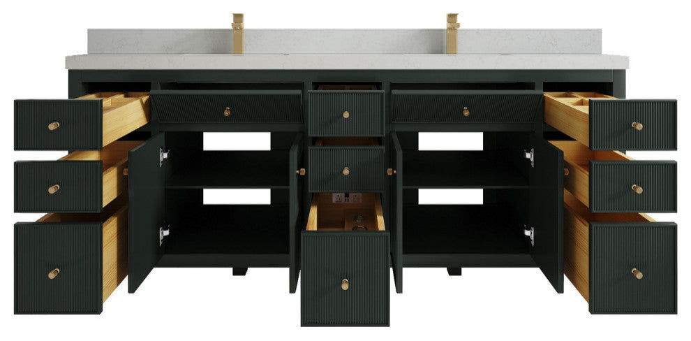 Sonoma 84 Double Sink Reeded Bath Vanity in Dark Forest Green 2" Carrara Quartz