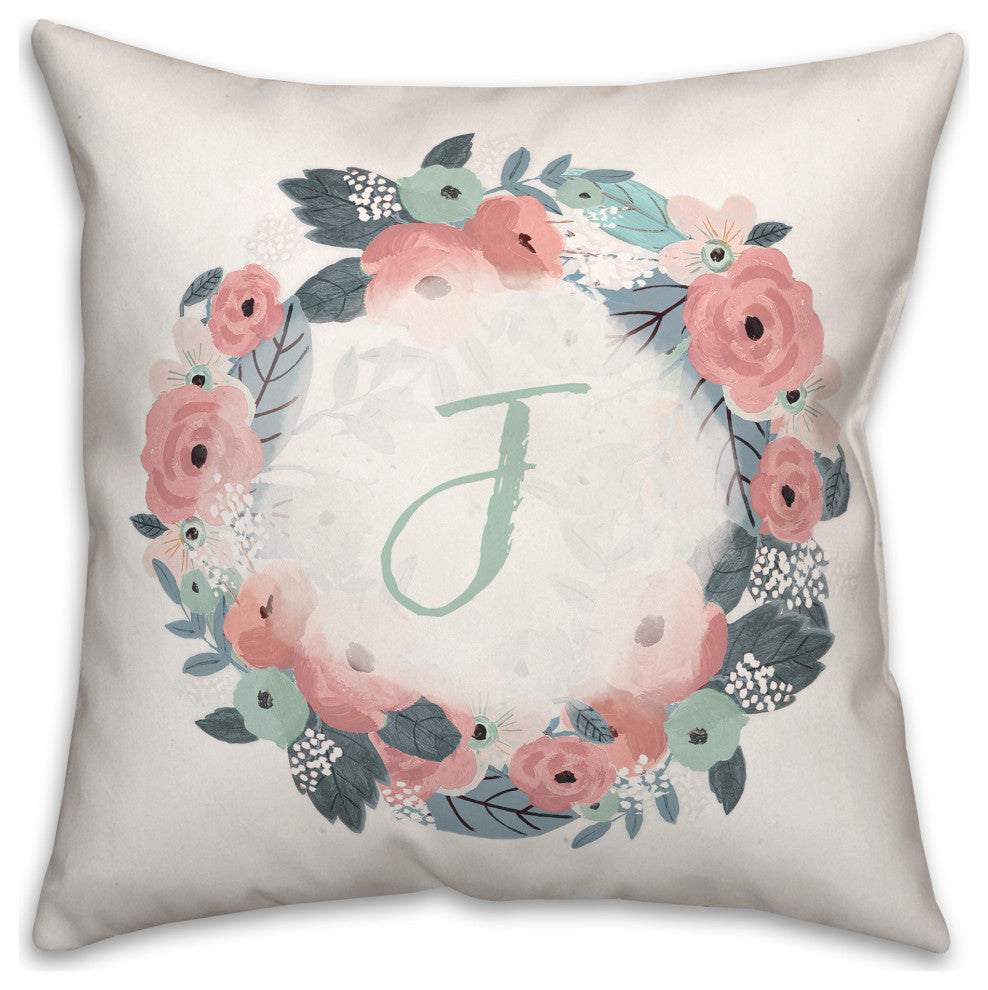 J Monogram Wreath 18x18 Spun Poly Pillow