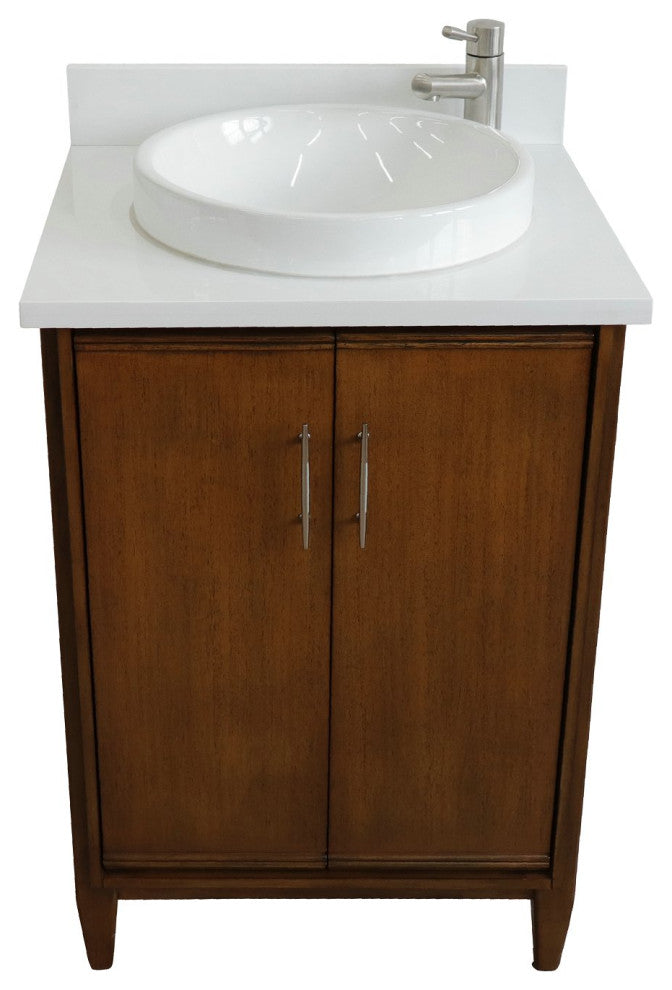 25" Single Sink Vanity, Walnut Finish, White Engineered Stone Top and Round Sink