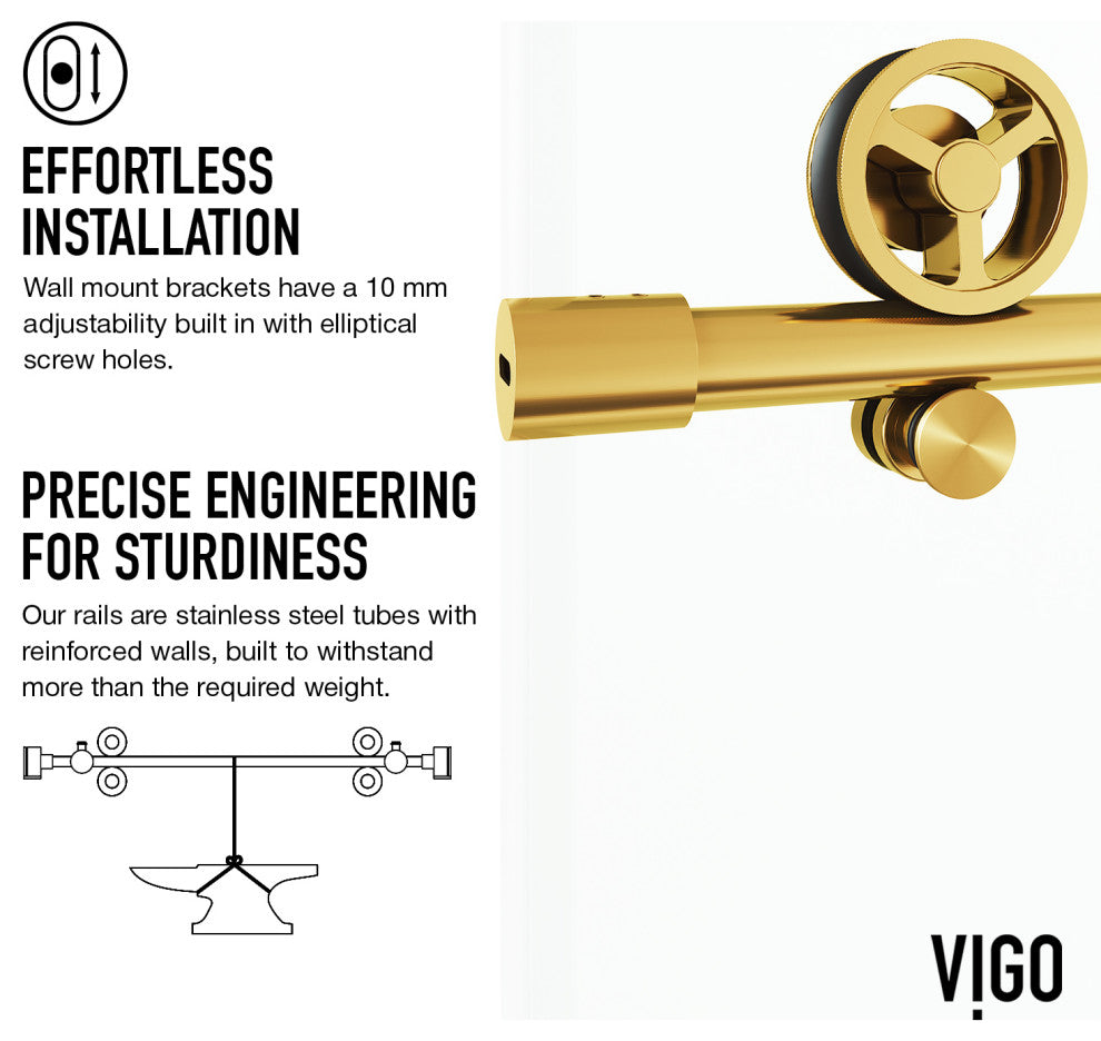 VIGO Elan Cass Aerodynamic 68" to 72" W x 76" H Frameless Sliding Shower Door, Matte Brushed Gold, Clear Glass
