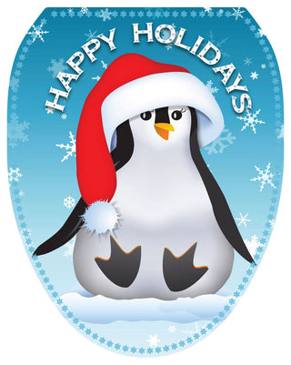 Happy Penguin Toilet Tattoos Seat Cover, Vinyl Lid Decal, Christmas Bathroom, Elongated