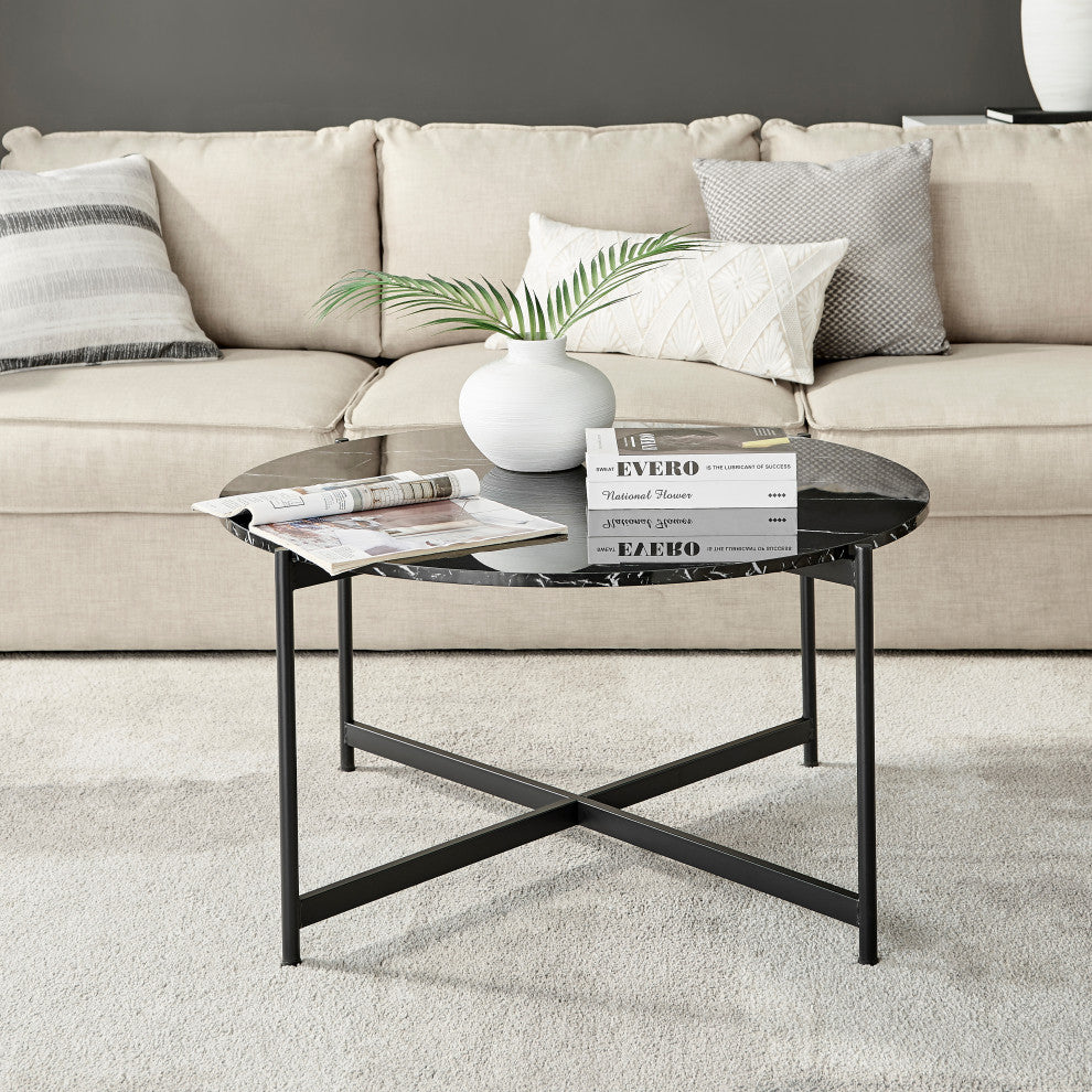 Round Contemporary Marble Finish Veneer Top Black Coffee Table, Black/Black
