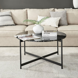 Round Contemporary Marble Finish Veneer Top Black Coffee Table, Black/Black