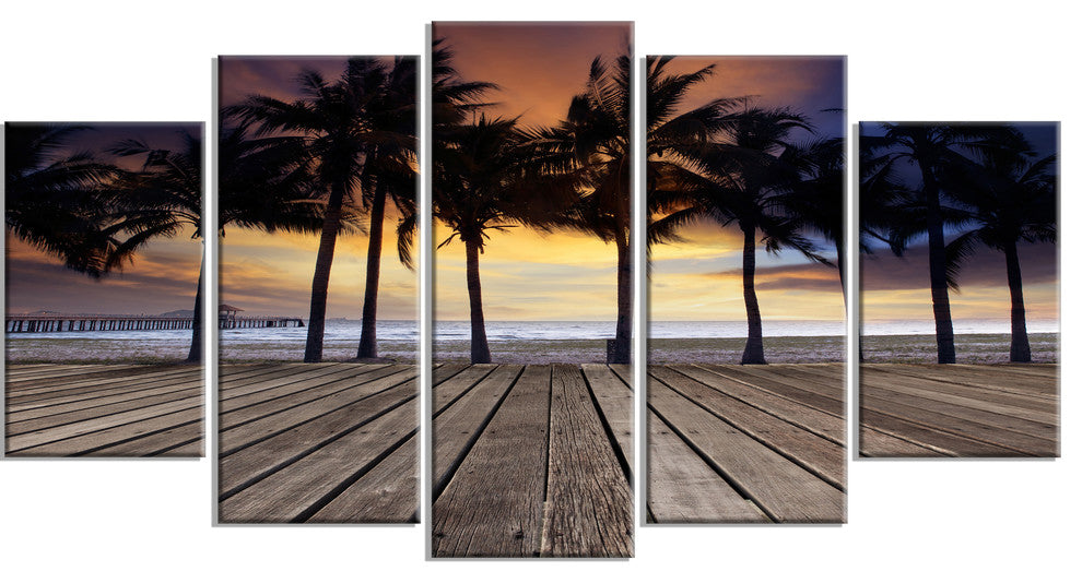 "Old Wood Terrace on Sea Beach" Modern Landscape Wall Art, 5 Panels, 60"x32"