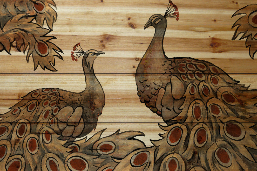 "Peacock Partner Bold II" Painting Print on Natural Pine Wood, 36"x24"