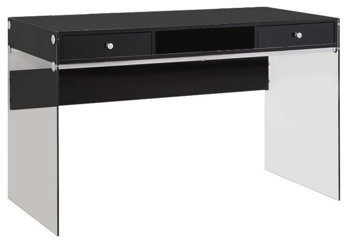 Benzara BM159096 Elegant Metal Writing Desk with Glass Sides, Clear and Black