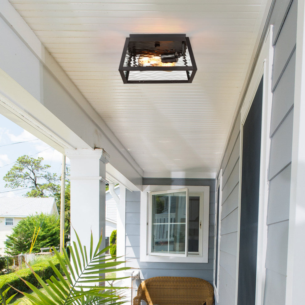 11" W 2-Light Black Outdoor Flush Mount Ceiling Light With Clear Water Glass