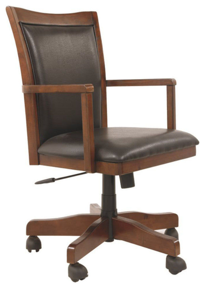 Wooden Swivel Chair with Leatherette Seating and Adjustable Seat, Brown