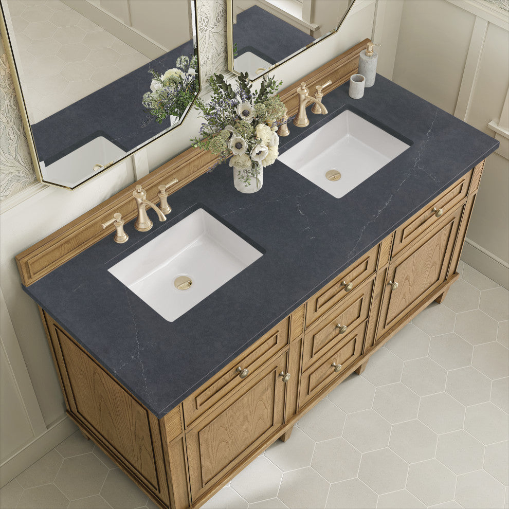 Lorelai 60" Double Vanity, Light Natural Oak, 3 CM Charcoal Soapstone Top