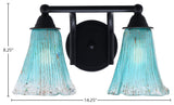 Paramount 2-Light Bath Bar, Matte Black, 5.5" Fluted Teal Crystal Glass