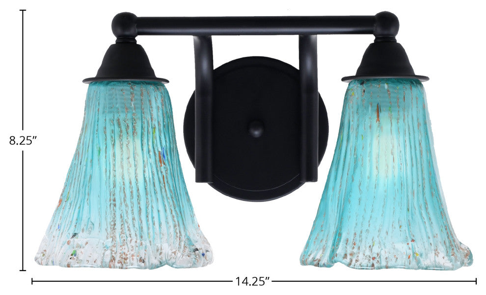 Paramount 2-Light Bath Bar, Matte Black, 5.5" Fluted Teal Crystal Glass