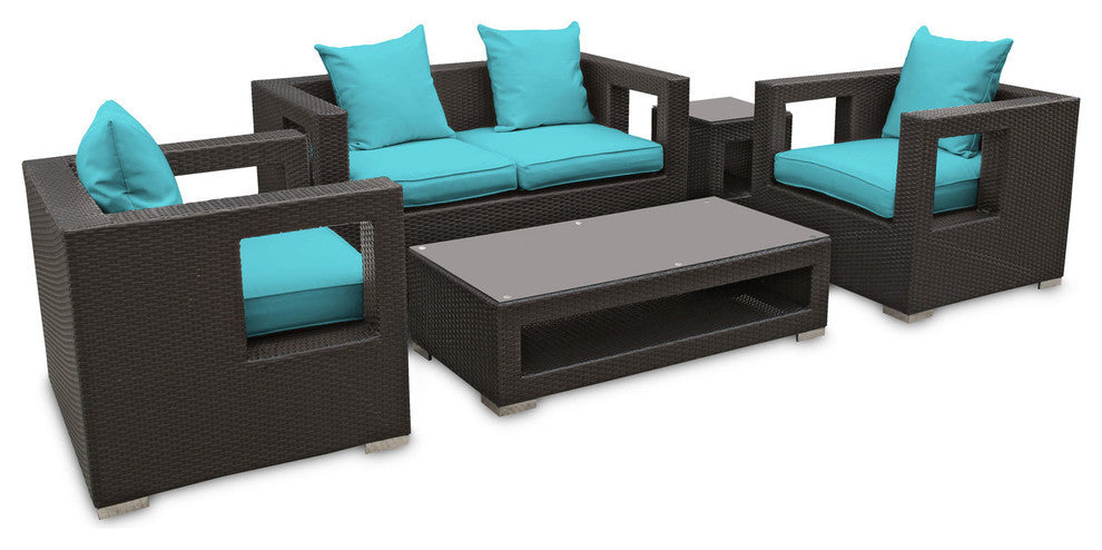 Modern Contemporary Outdoor Patio Rattan and Wicker 5 Pieces Sofa Set, Turquoise