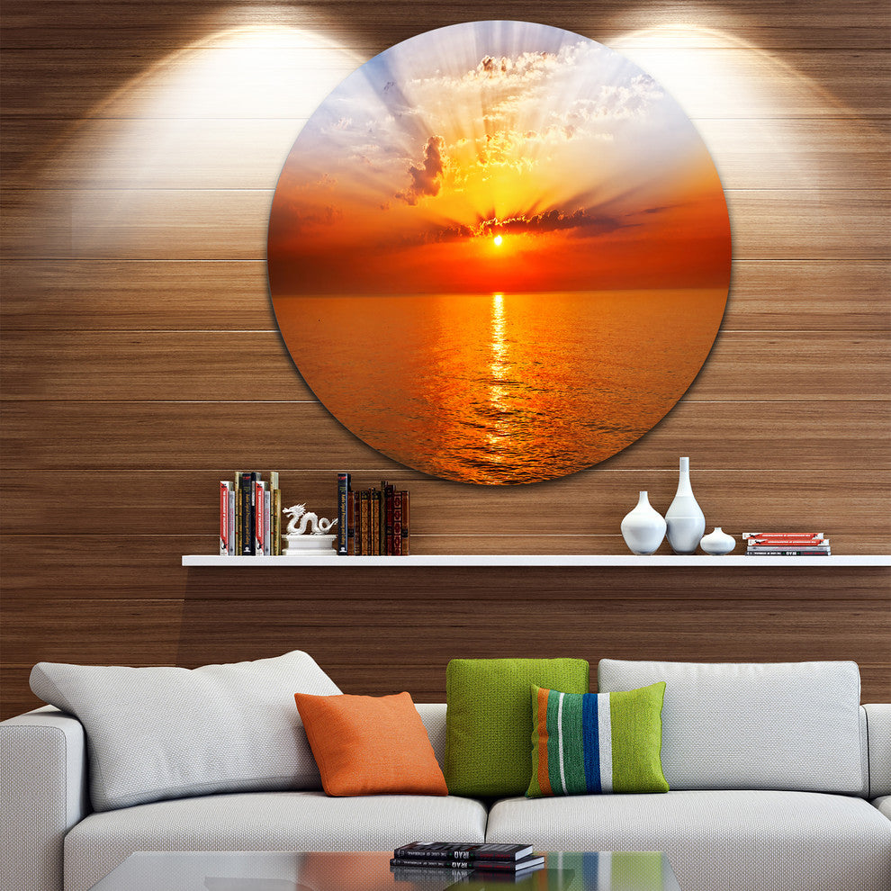 Orange Sea Sunrise Under Blue Sky, Seashore Disc Metal Wall Art, 11"