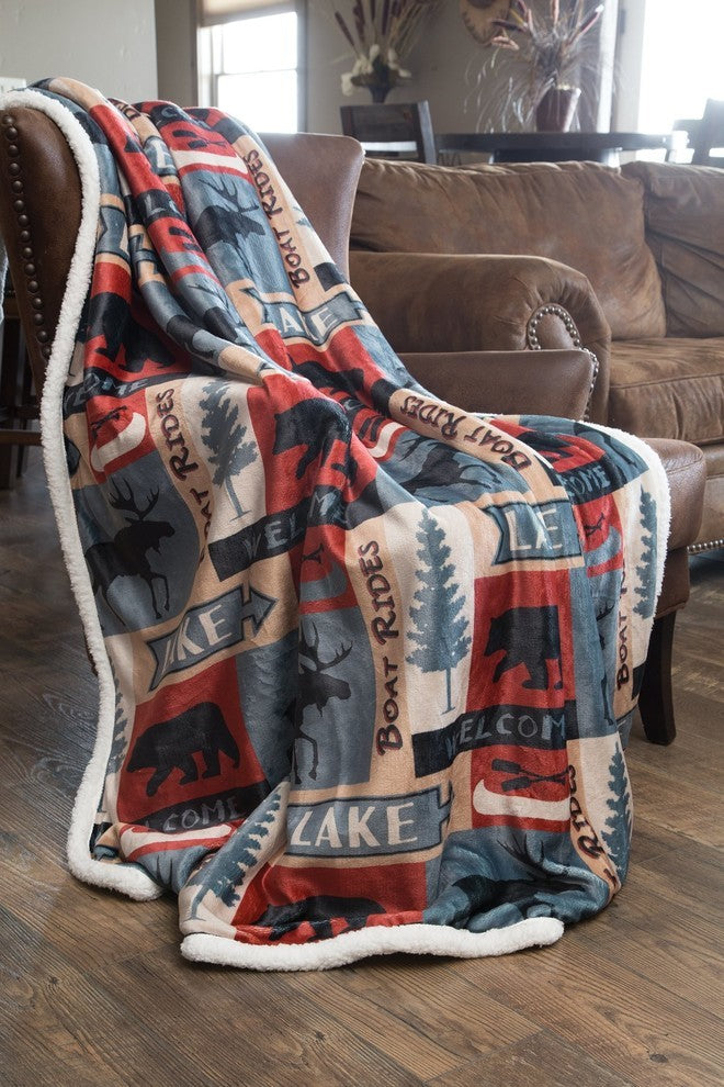 Carstens Lake House Rustic Cabin Sherpa Fleece Large Throw Blanket, 54"x68"