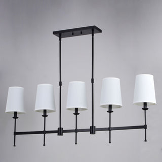 Camden 5 Light Matte Black Chandelier Island Pendant Fixture White Fabric Shade