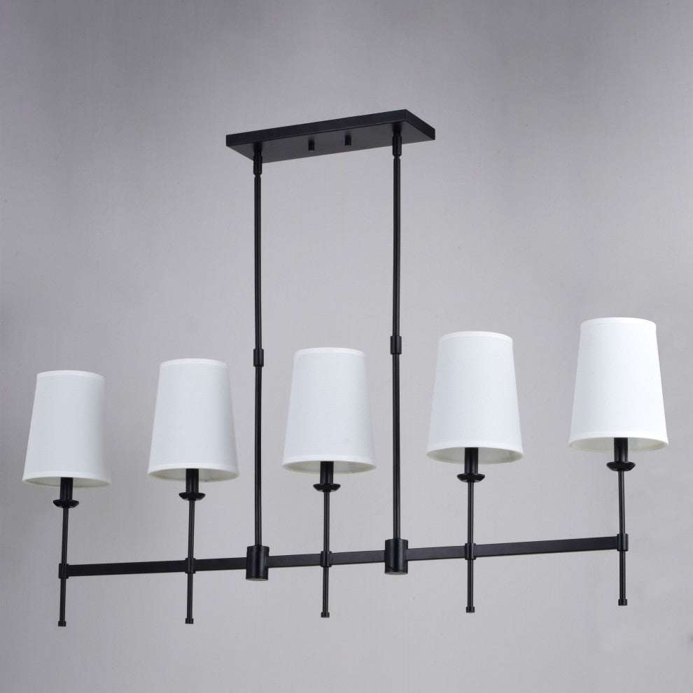 Camden 5 Light Matte Black Chandelier Island Pendant Fixture White Fabric Shade