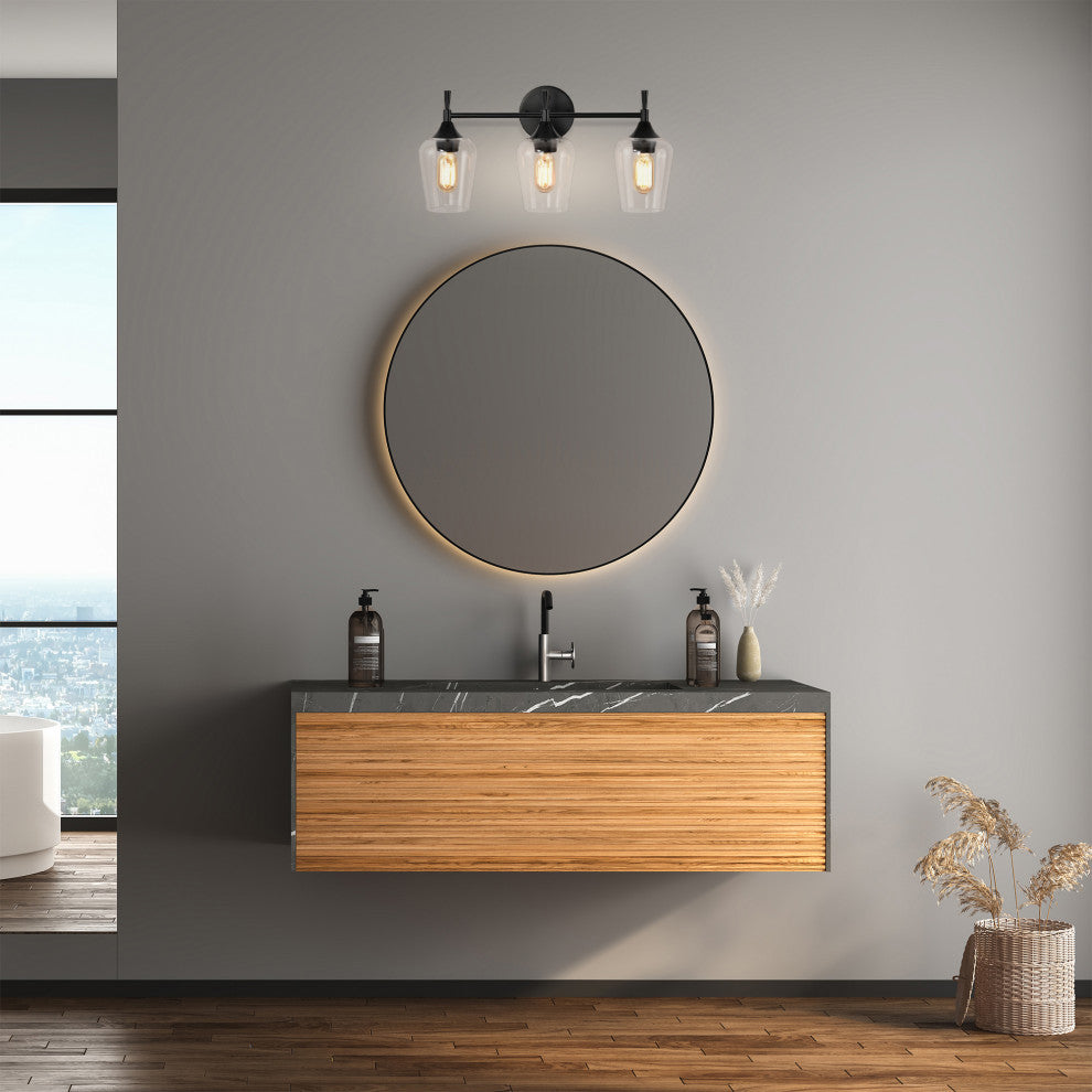 21 in. 3-Light Matte Black Vanity Light With Clear Wine Glass Shades
