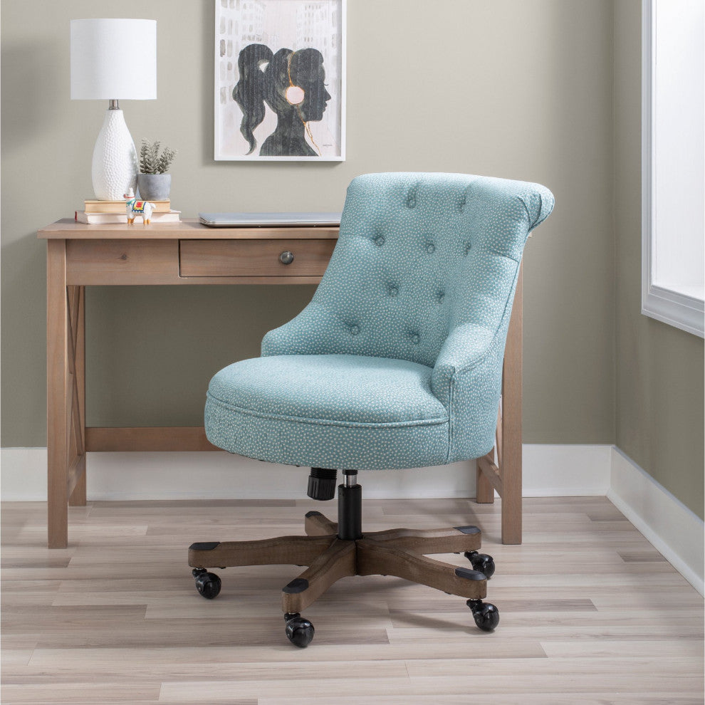 Vintage Office Chair, Round Seat With Button Tufted Hourglass Back, Light Blue