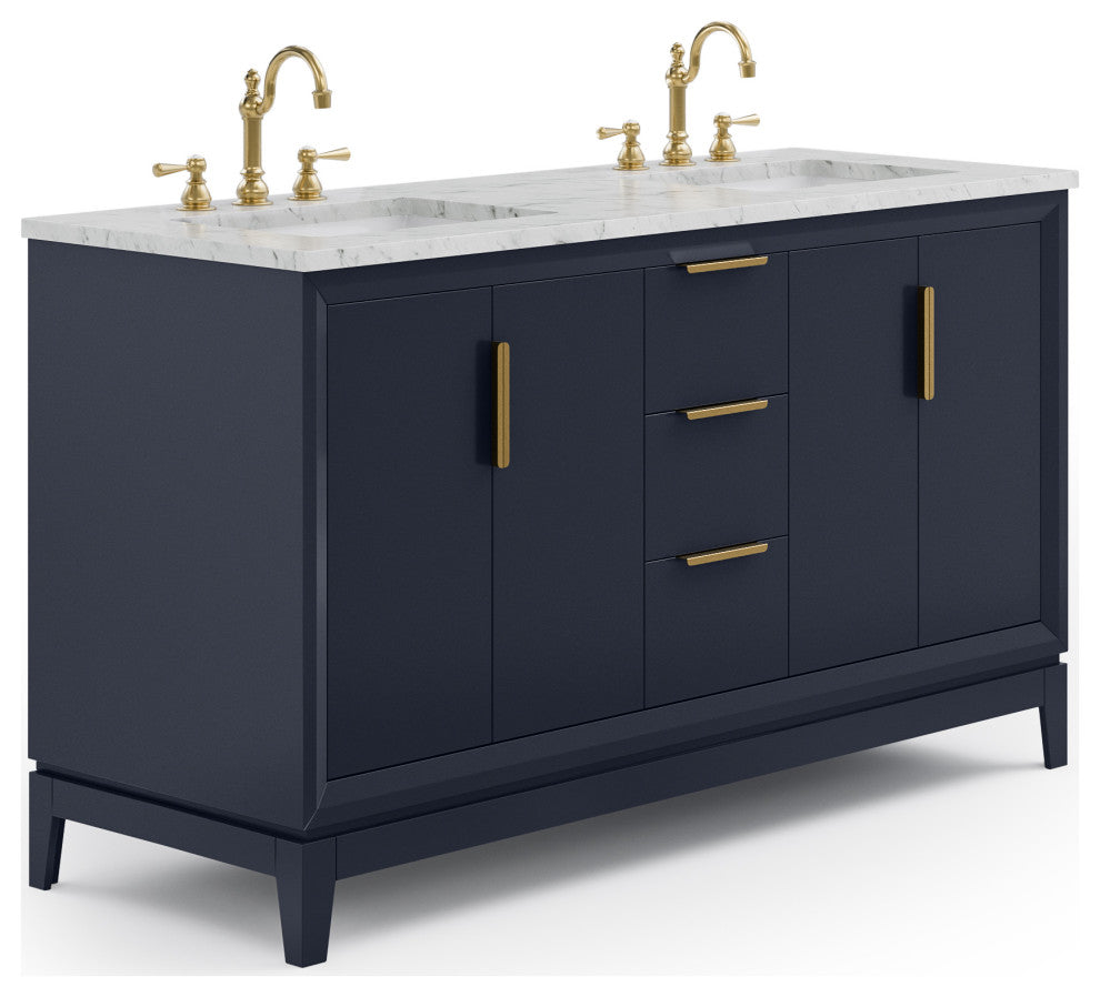 Elizabeth 60" Double Sink Carrara White Marble Vanity, Monarch Blue