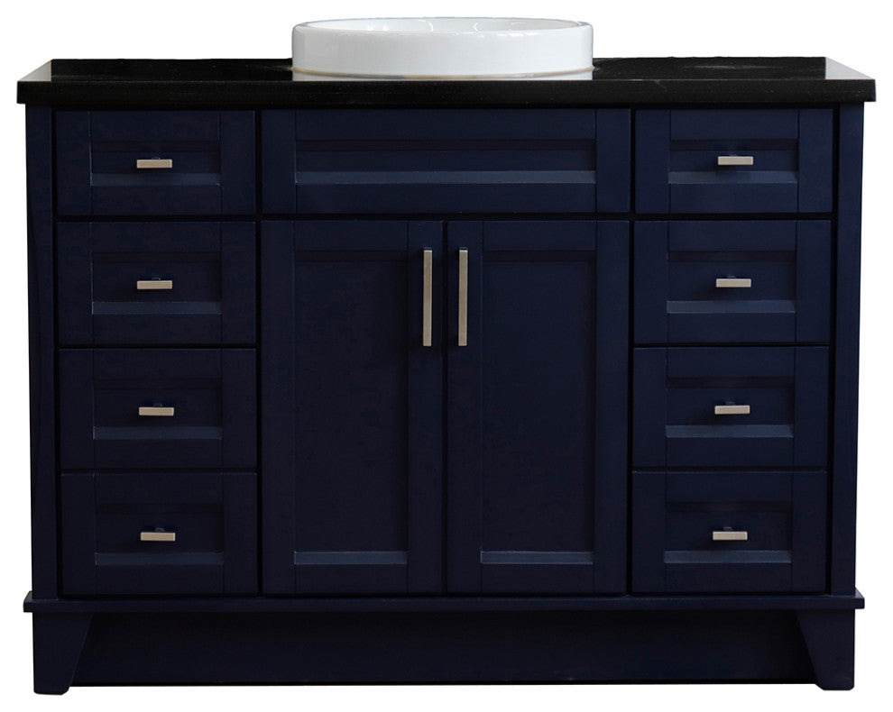 49" Single Sink Vanity, Blue Finish With Black Galaxy Granite And Round Sink