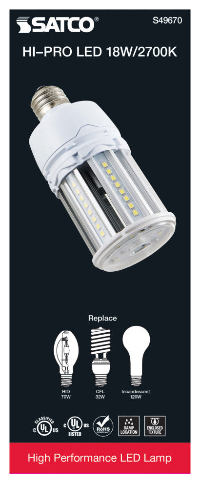 18W LED HID Replacement, 80 CRI, 2700K, Type B, Ballast Bypass, Medium Base
