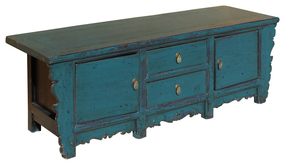 Oriental Distressed Rustic Teal Blue Lacquer Low Console Table Cabinet Hcs4622
