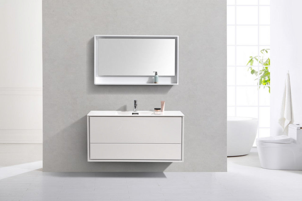 DeLusso 48" Single Sink Wall Mount Bathroom Vanity, Nature Wood, High Gloss Whit