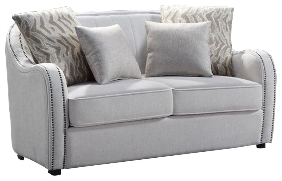Benzara BM262216 Loveseat With Rounded Back and Nailhead Trim, Off White