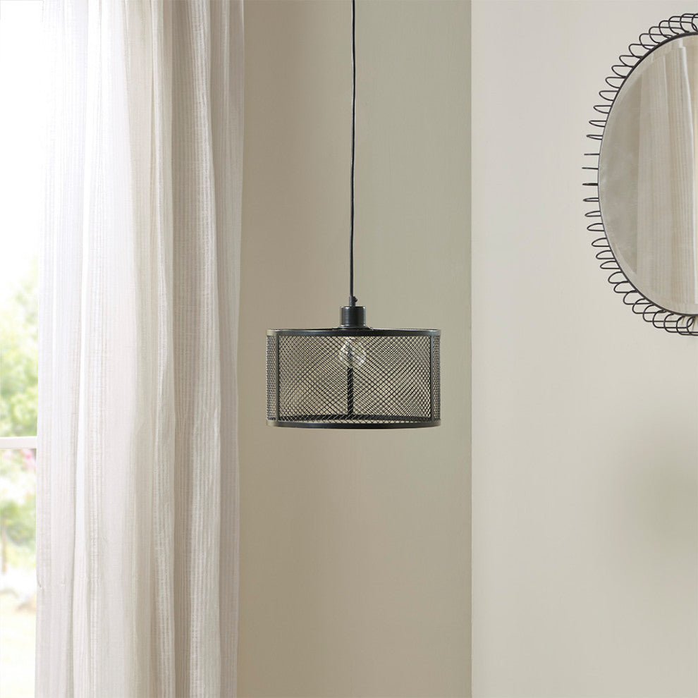 INK+IVY Jaxson Industrial Black Metal Caged Single Light Pendent