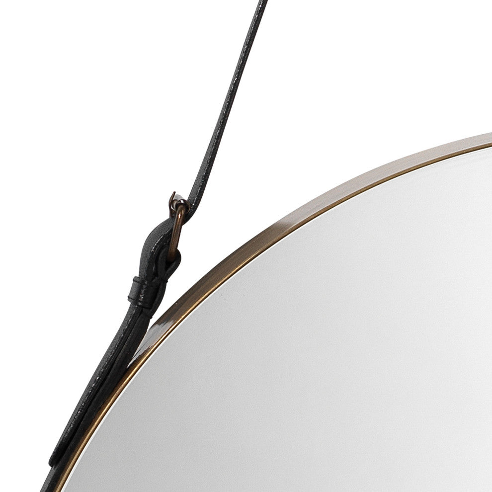 Round Steel Mirror, Antique Brass and Black Leather Strap
