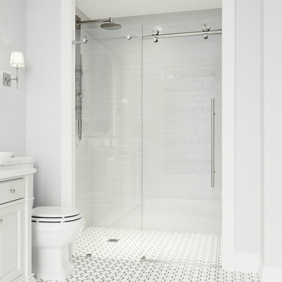 VIGO Elan E-Class 52" to 56" W x 76" H Frameless Sliding Shower Door, Stainless Steel, Clear Glass