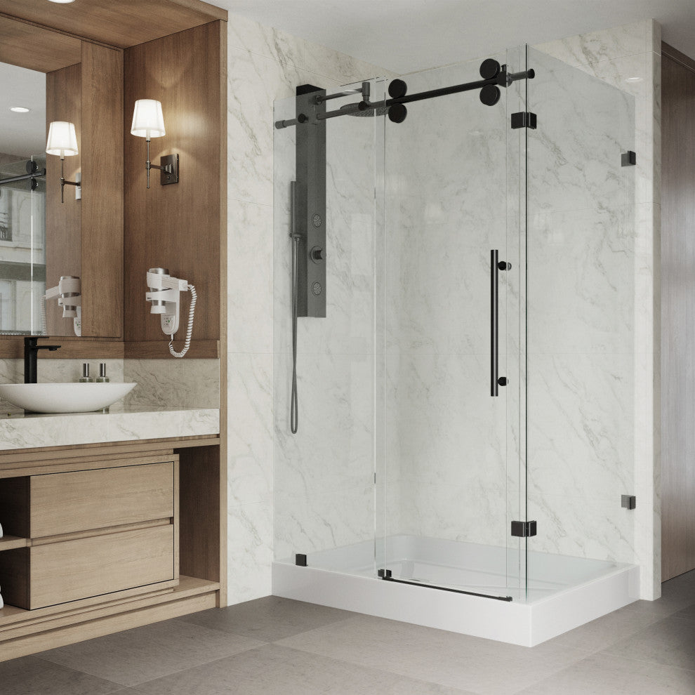 VIGO Winslow Frameless Sliding Shower Enclosure, Matte Black, 36" D X 48" W X 80" H, Left Drain Base