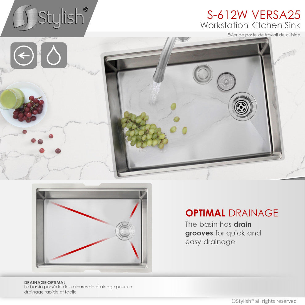 STYLISH 25 L x 19 W-inch Undermount Single Bowl 16G Kitchen Sink Workstation