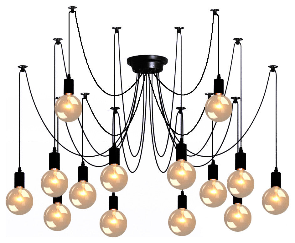 Black Industrial Edison Spider Chandelier Pendant Lights, Adjustable, 14 Lights
