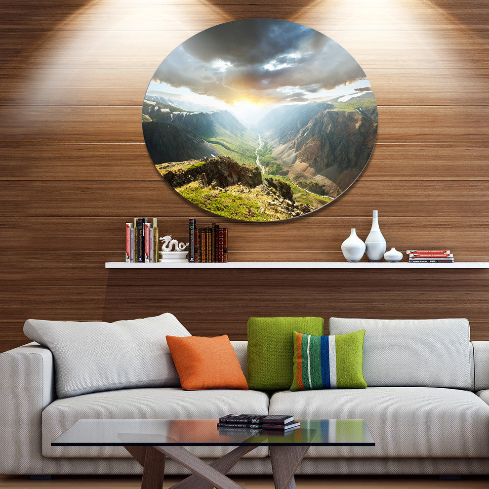 Stunning View Of Sunset In Mountains, Landscape Disc Metal Artwork, 23"