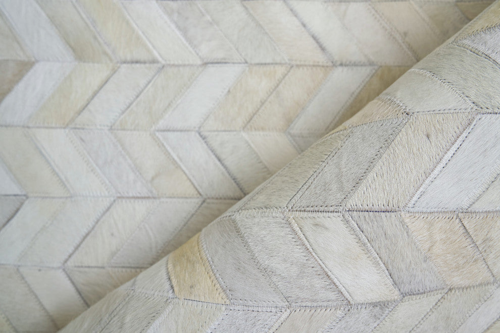 Mosaic Leather Cowhide Ivory Area Rug, 5'x8'